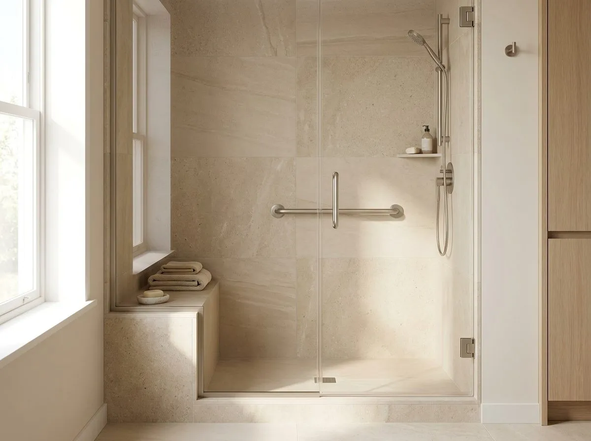 Curbless walk-in shower with bench — visualization