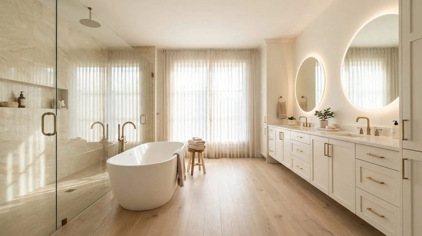 Bright bathroom with a freestanding tub, glass shower and double vanity