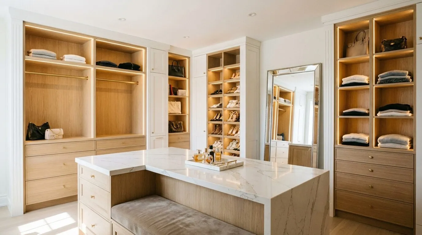 Walk-in closet with lit oak shelving and a stone-topped island