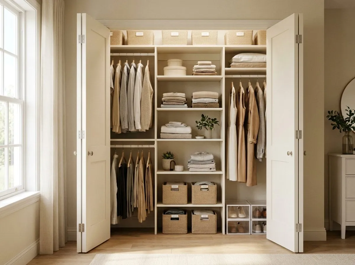Organized reach-in closet with double-hang rods — visualization