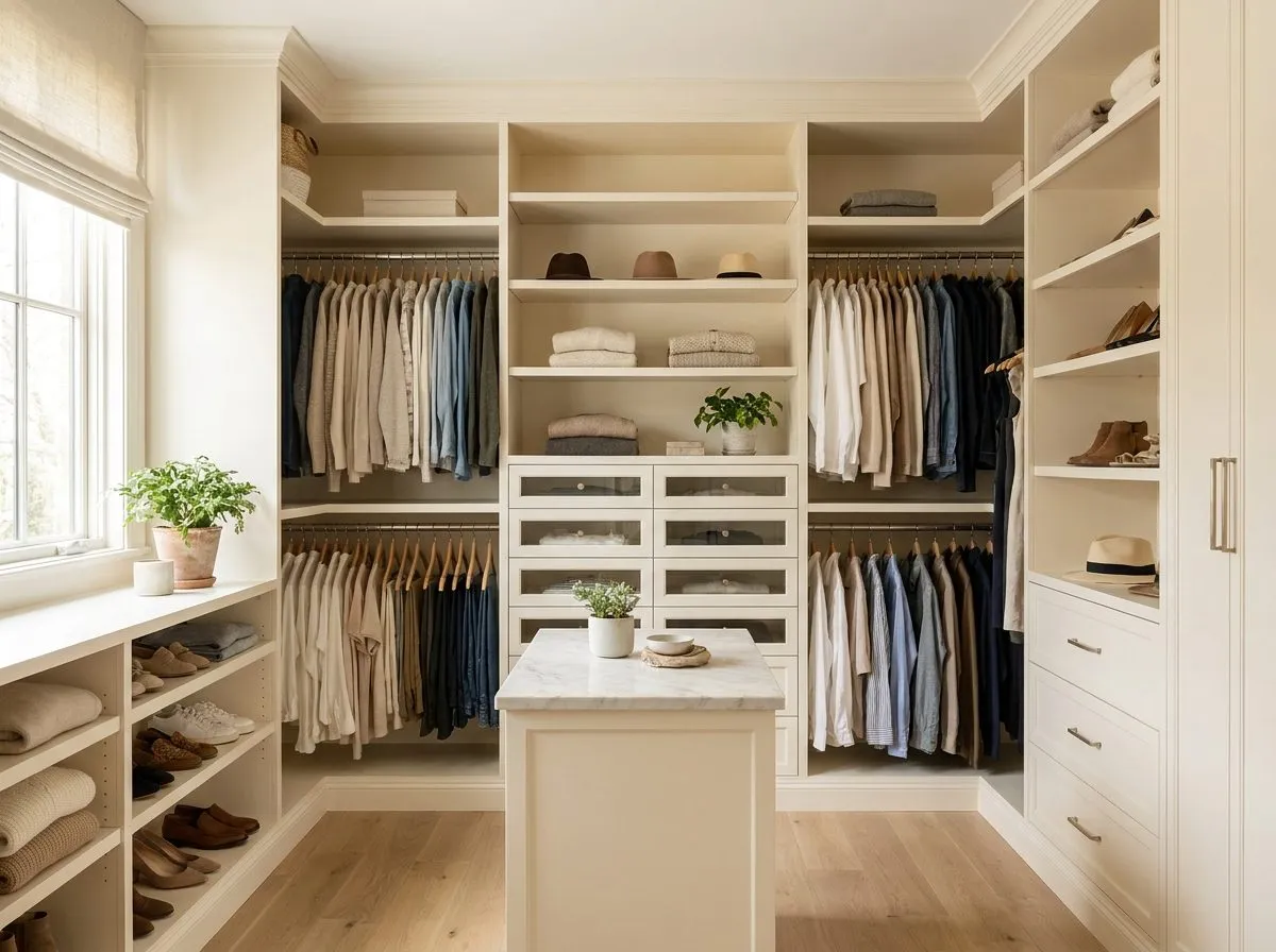 Walk-in closet with island and hanging zones — visualization