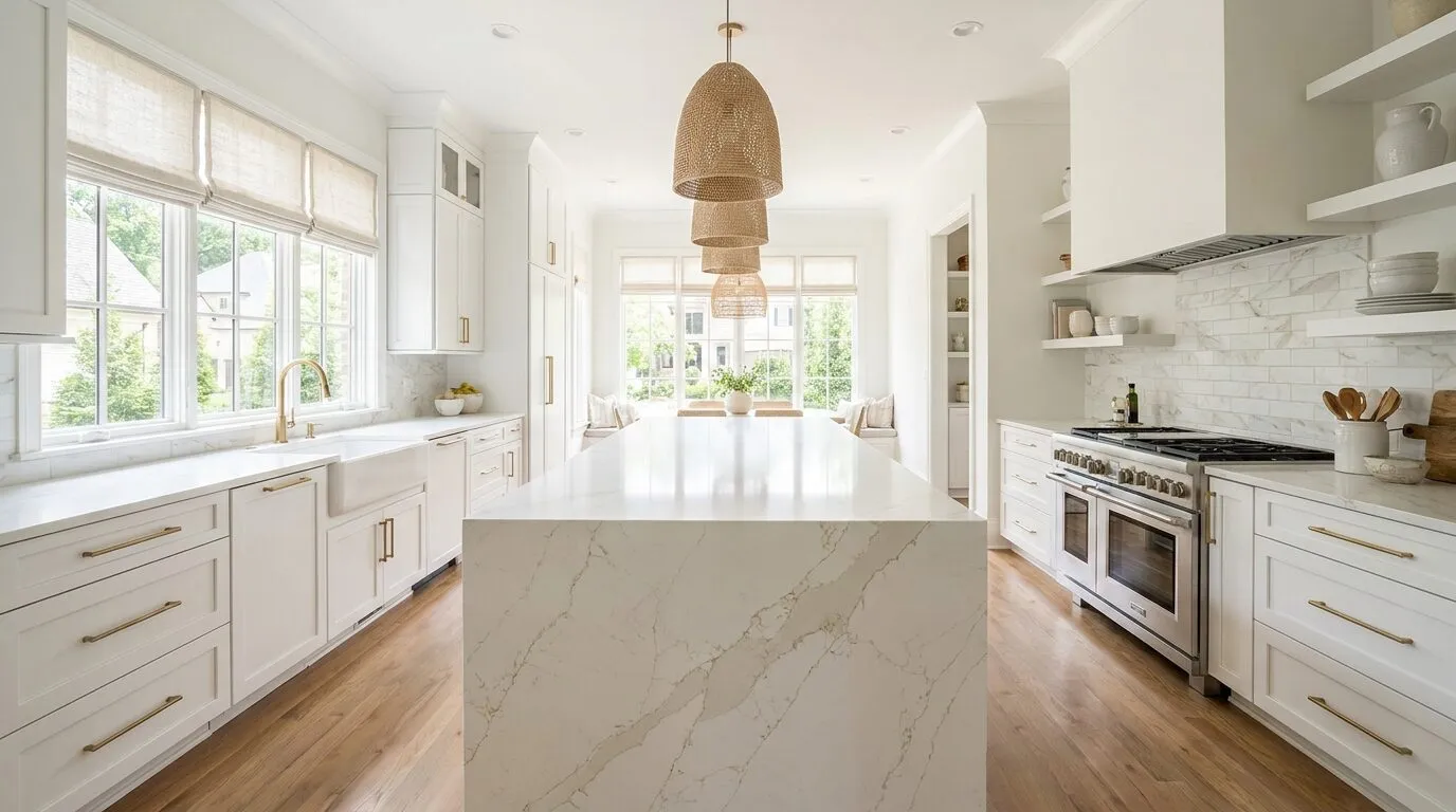Luxury white kitchen with a waterfall marble-look quartz island, shaker cabinets and brass fixtures
