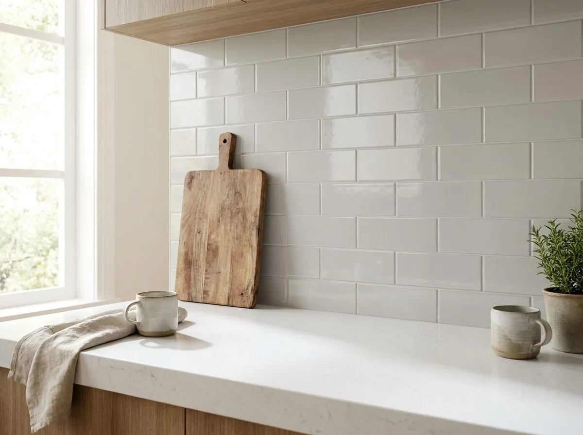 Subway tile backsplash over quartz counter — visualization