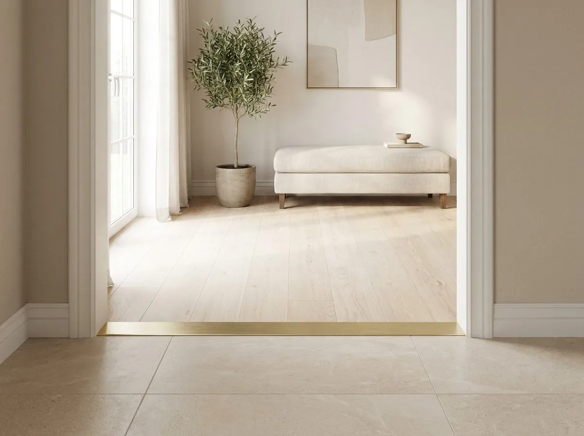 Oak plank floor meeting tile at a clean transition — visualization