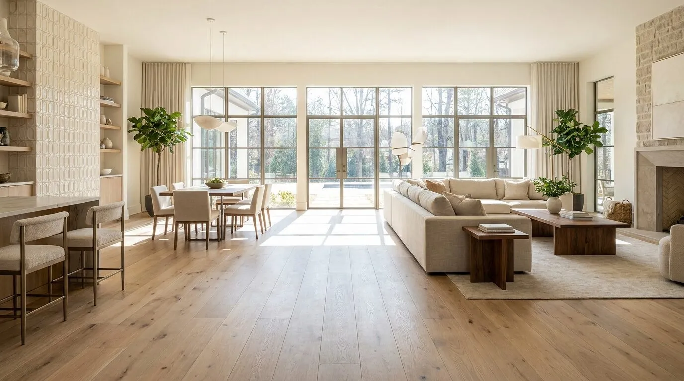 Wide-plank wood flooring running through an open living and dining space