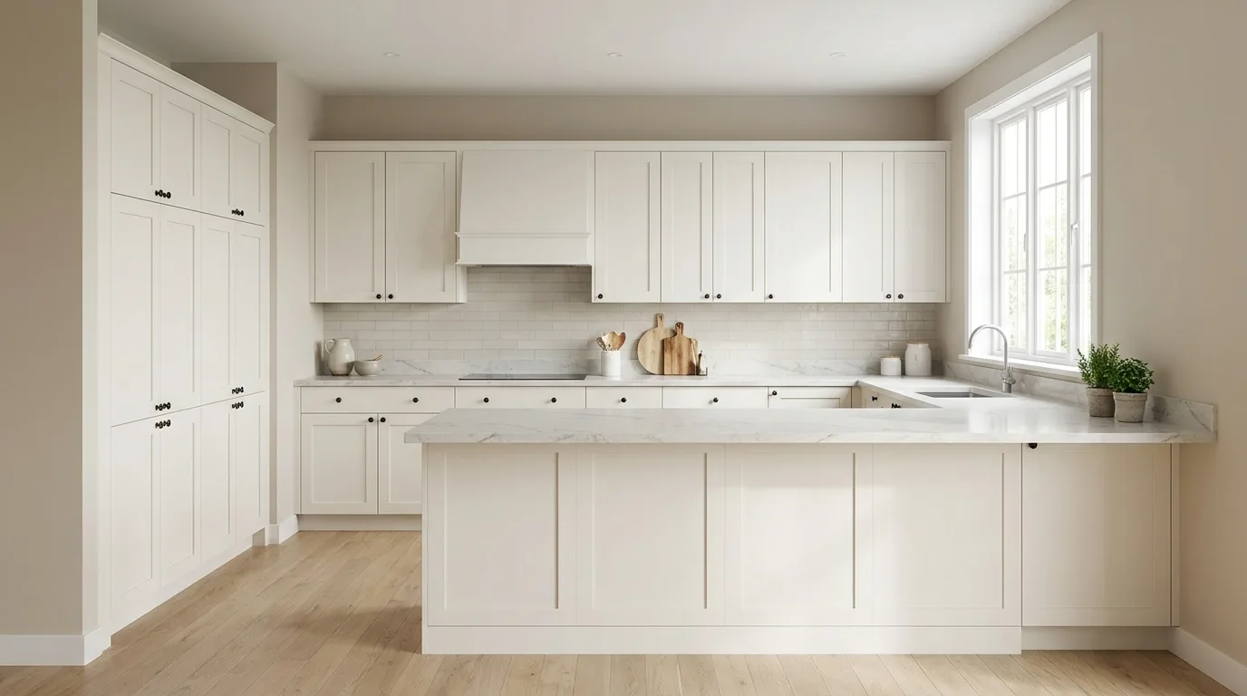 U-shaped kitchen visualization in Shaker White — illustrative render